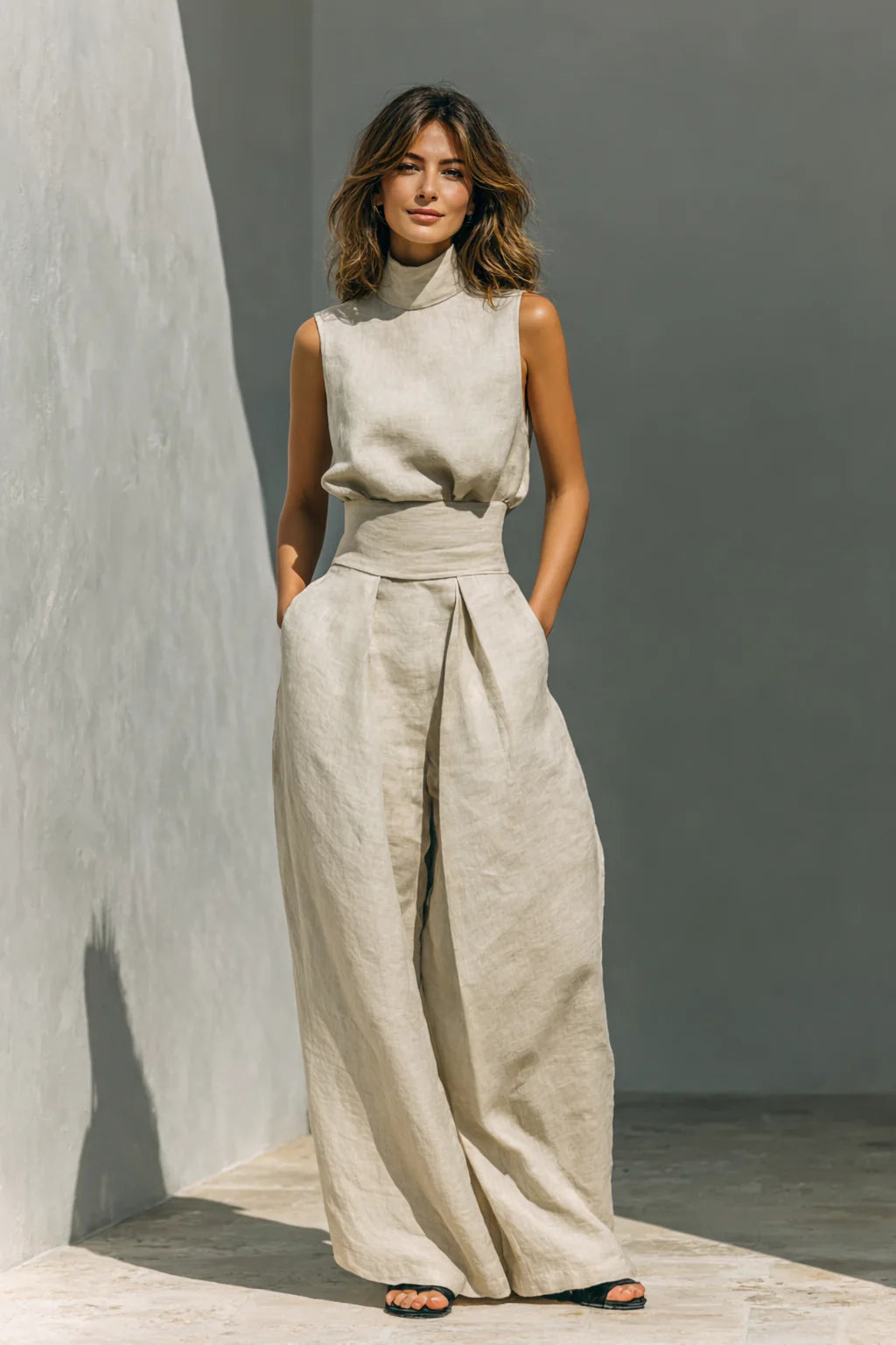 Maria - Conjunto top y pantalones anchos en algodón y lino