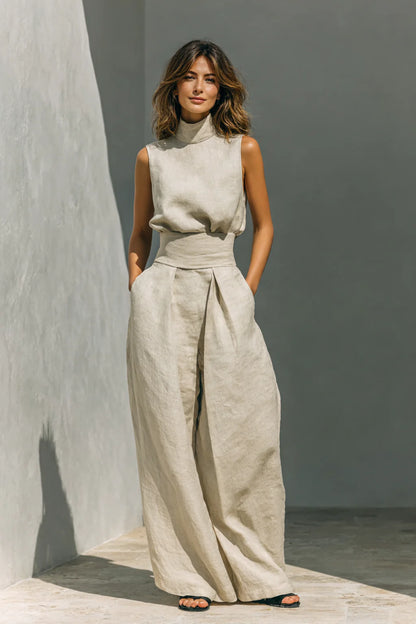 Maria - Conjunto top y pantalones anchos en algodón y lino