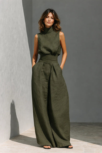 Maria - Conjunto top y pantalones anchos en algodón y lino