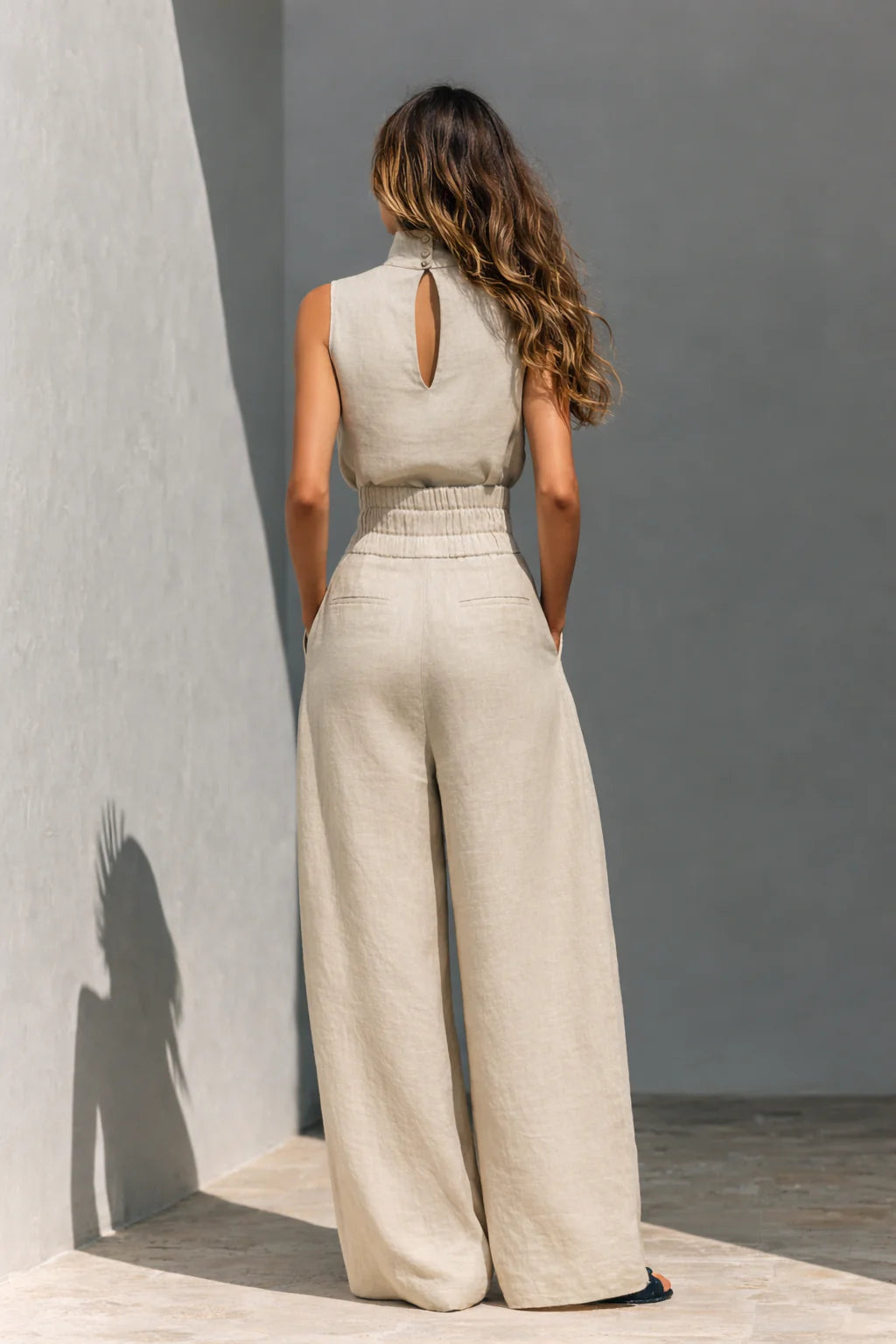 Maria - Conjunto top y pantalones anchos en algodón y lino
